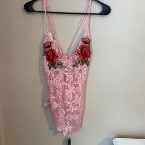 Pink Lace Bodysuit with Floral Embroidery
